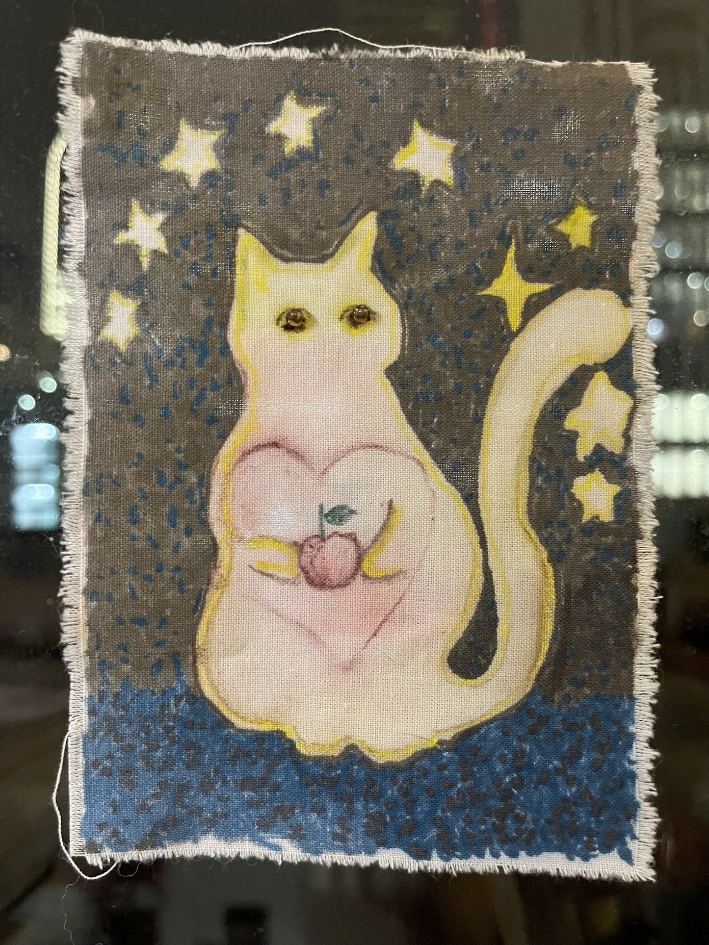 White Cat who loves an apple - Multi-purpose Fabric Art / wall hang / book mark