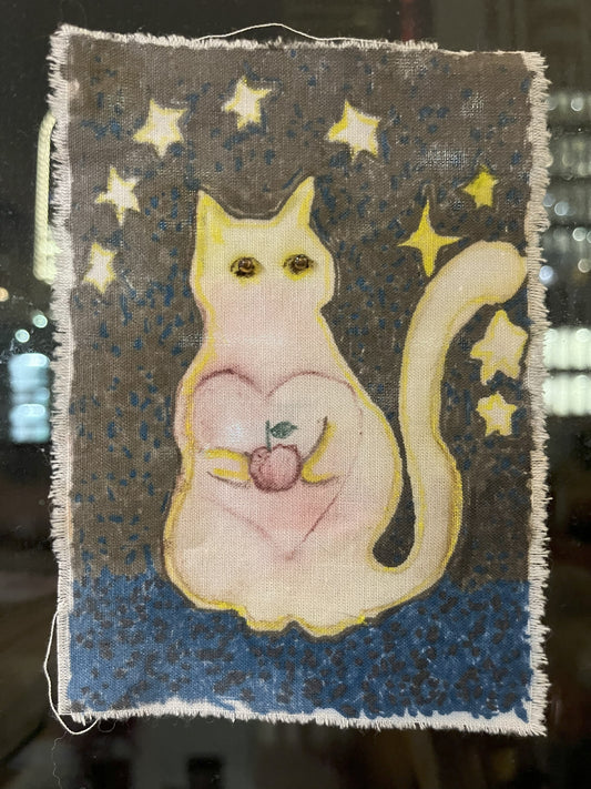 White Cat who loves an apple - Multi-purpose Fabric Art / wall hang / book mark